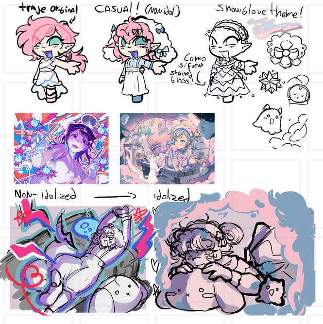 (2024) Concepts I made for an illustration for an art trade!, the finished illustrations on this picture are by team of Bang Dream and I only used them as inspiration!